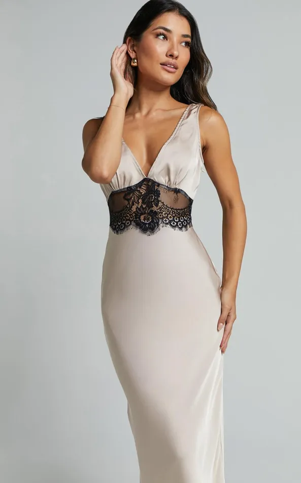 Showpo Juliet Midi Dress 8211 V Neck Lace Insert Satin Slip Dress In Champagne Women Dresses