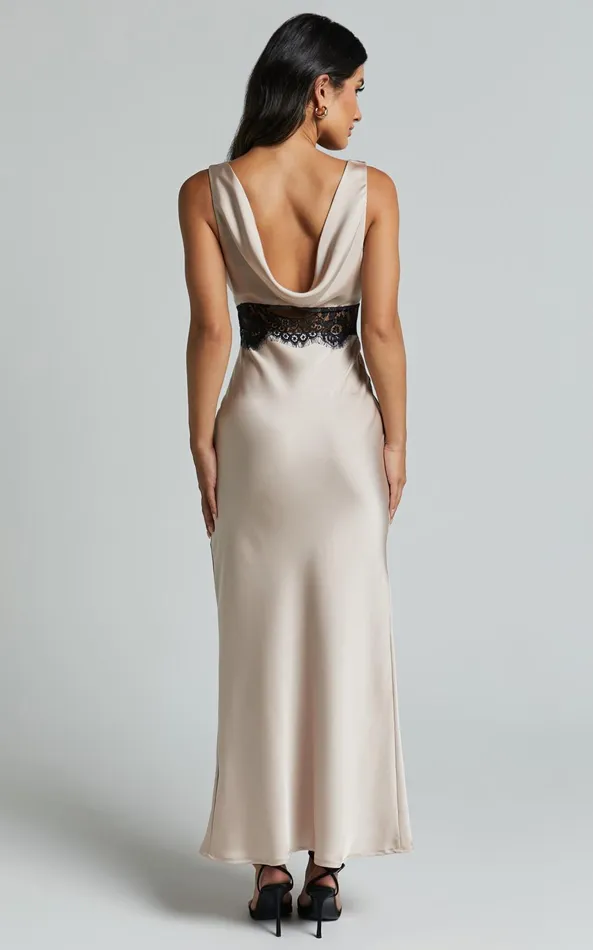 Showpo Juliet Midi Dress 8211 V Neck Lace Insert Satin Slip Dress In Champagne Women Dresses