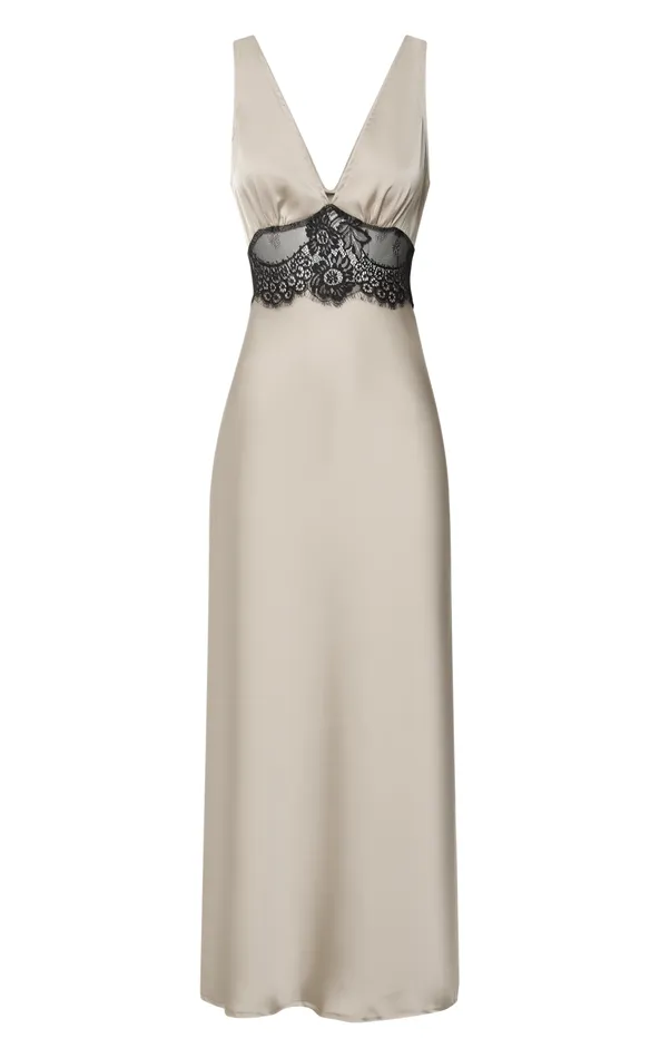 Showpo Juliet Midi Dress 8211 V Neck Lace Insert Satin Slip Dress In Champagne Women Dresses