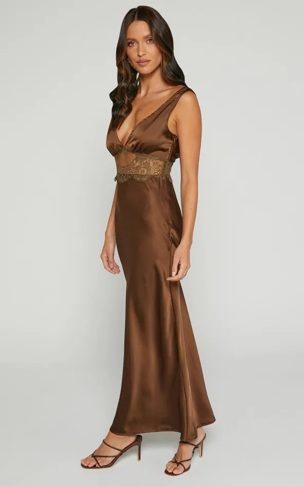Showpo Juliet Midi Dress 8211 V Neck Lace Insert Satin Slip Dress In Chocolate Women Dresses