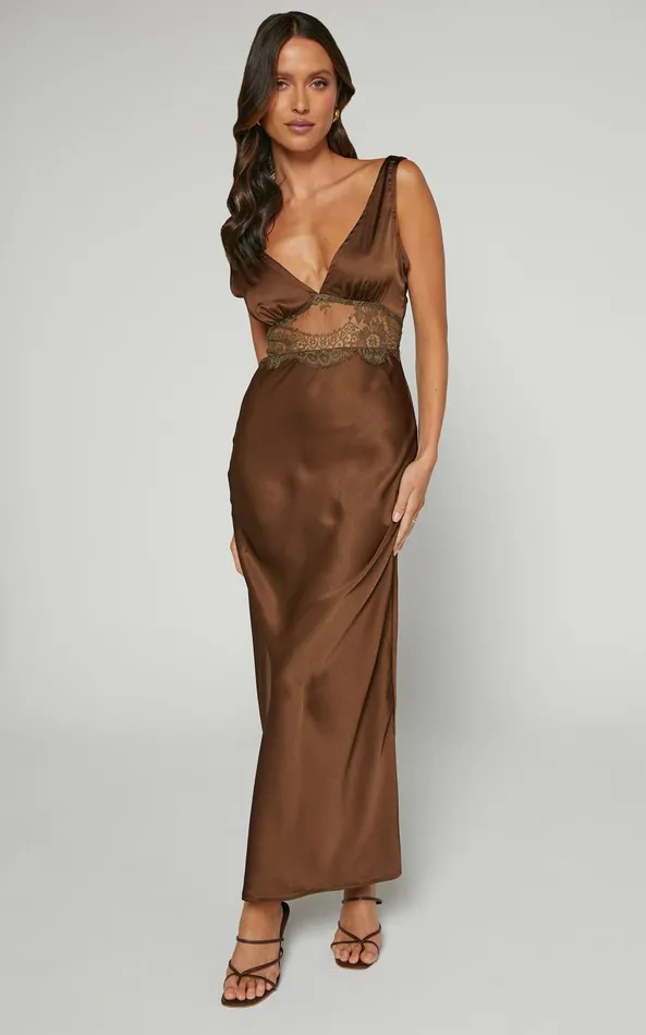 Showpo Juliet Midi Dress 8211 V Neck Lace Insert Satin Slip Dress In Chocolate Women Dresses