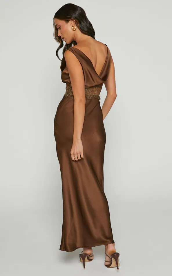 Showpo Juliet Midi Dress 8211 V Neck Lace Insert Satin Slip Dress In Chocolate Women Dresses