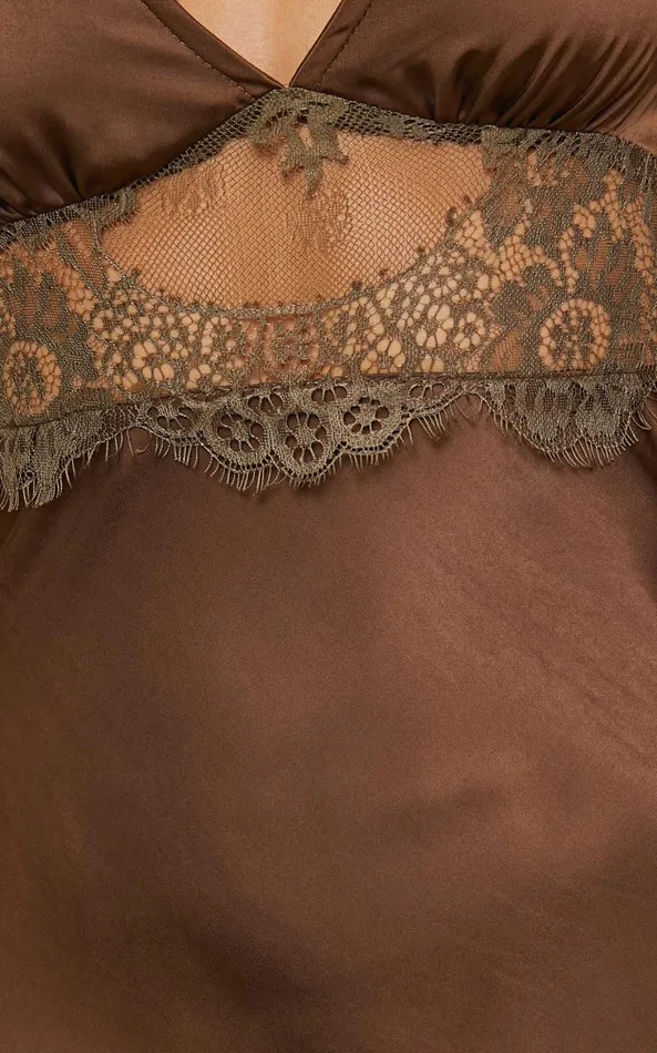 Showpo Juliet Midi Dress 8211 V Neck Lace Insert Satin Slip Dress In Chocolate Women Dresses