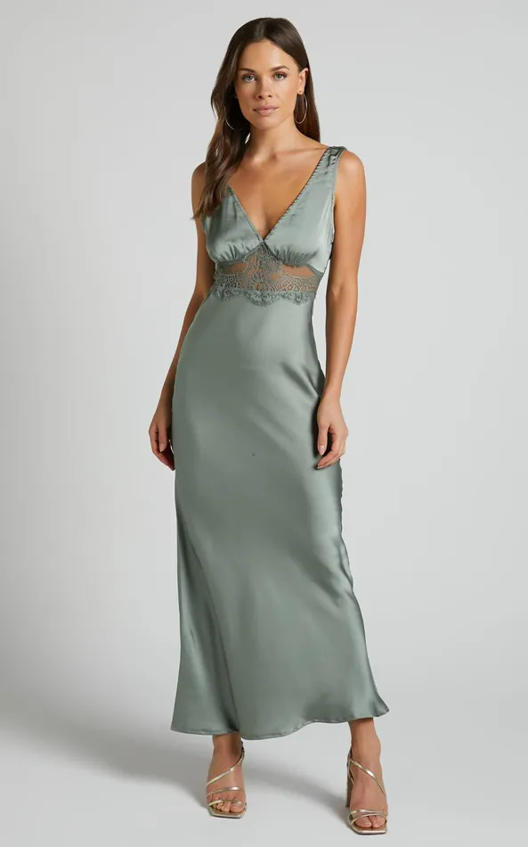 Showpo Juliet Midi Dress 8211 V Neck Lace Insert Satin Slip Dress In Olive Women Dresses Showpo Juliet Midi Dress 8211 V Neck Lace Insert Satin Slip Dress In Olive Women Dresses