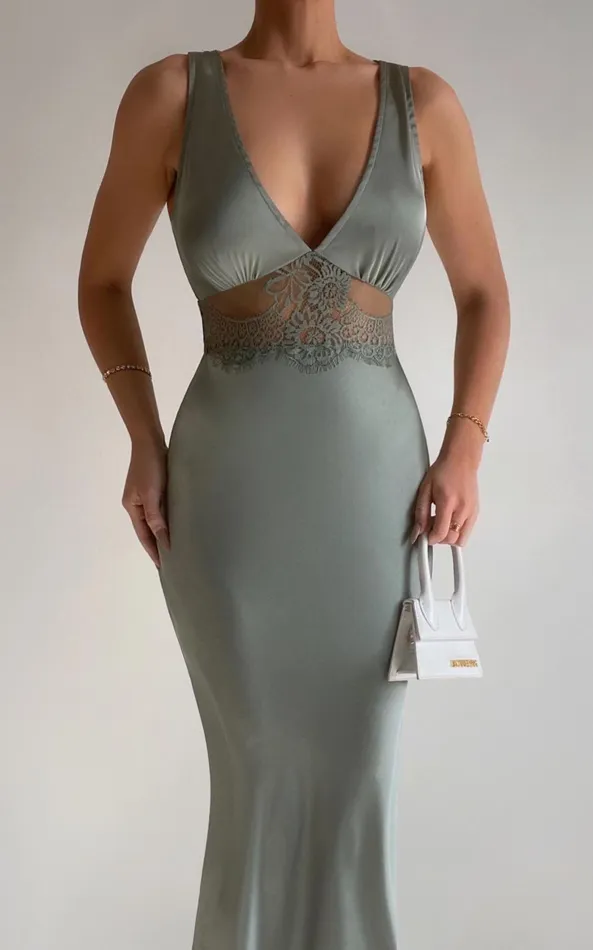 Showpo Juliet Midi Dress 8211 V Neck Lace Insert Satin Slip Dress In Olive Women Dresses