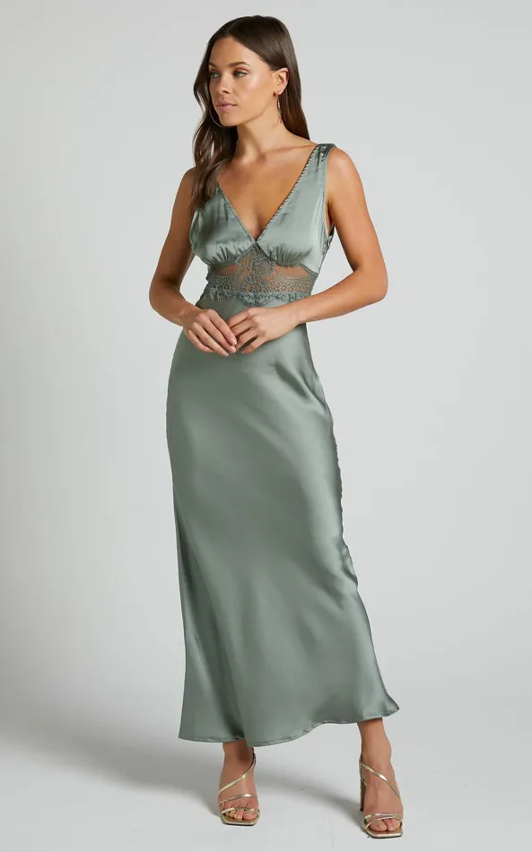 Showpo Juliet Midi Dress 8211 V Neck Lace Insert Satin Slip Dress In Olive Women Dresses