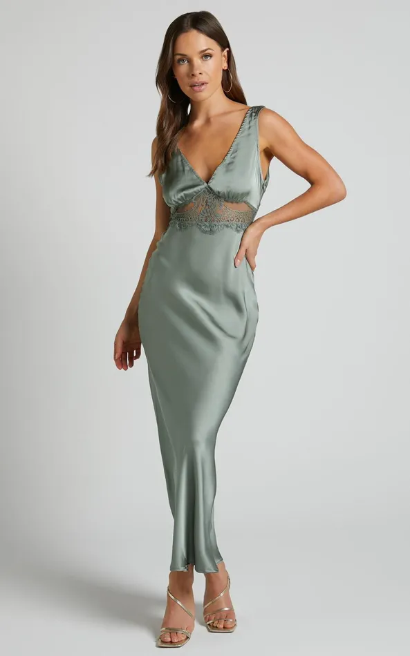 Showpo Juliet Midi Dress 8211 V Neck Lace Insert Satin Slip Dress In Olive Women Dresses