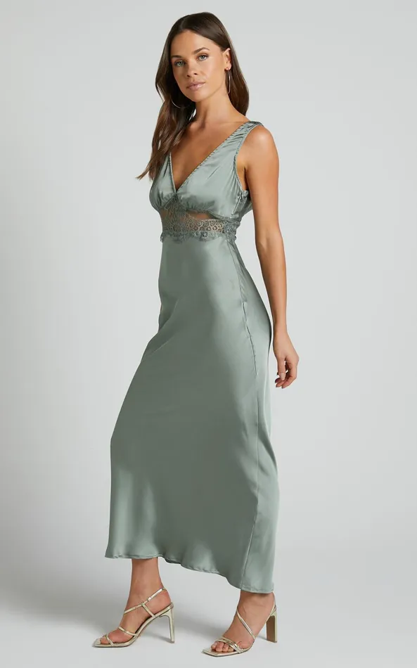 Showpo Juliet Midi Dress 8211 V Neck Lace Insert Satin Slip Dress In Olive Women Dresses