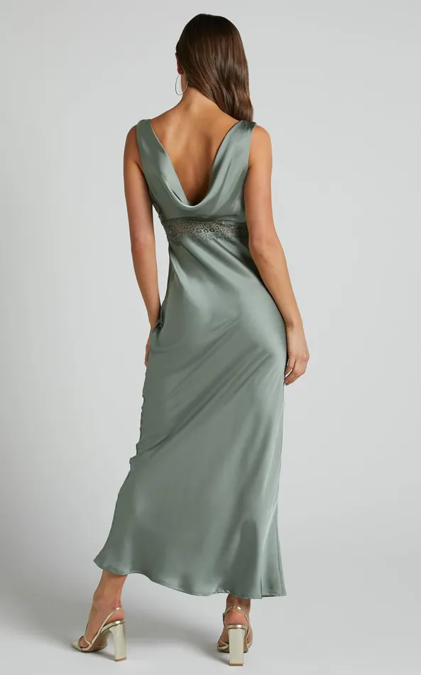 Showpo Juliet Midi Dress 8211 V Neck Lace Insert Satin Slip Dress In Olive Women Dresses