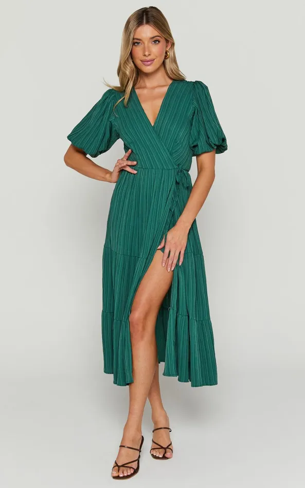 Showpo Junmae Midi Dress 8211 Tiered Waffle Wrap Dress In Forest Green Women Dresses