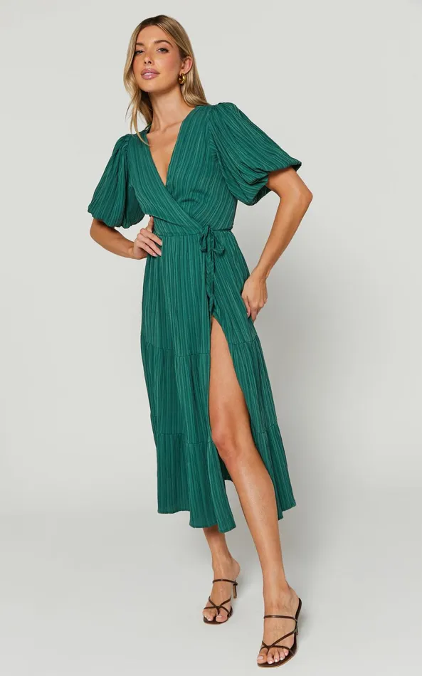 Showpo Junmae Midi Dress 8211 Tiered Waffle Wrap Dress In Forest Green Women Dresses