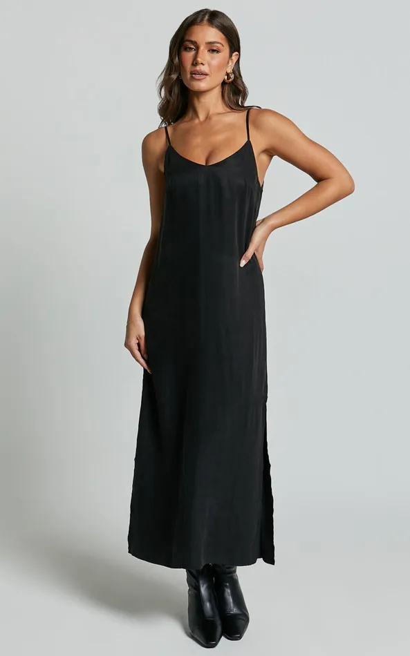 Showpo Kaeshia Midi Dress 8211 Strappy V Neck Cupro Slip Dress In Black Women Dresses Showpo Kaeshia Midi Dress 8211 Strappy V Neck Cupro Slip Dress In Black Women Dresses