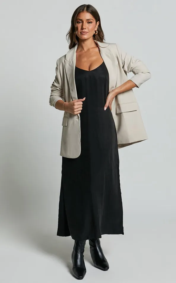 Showpo Kaeshia Midi Dress 8211 Strappy V Neck Cupro Slip Dress In Black Women Dresses