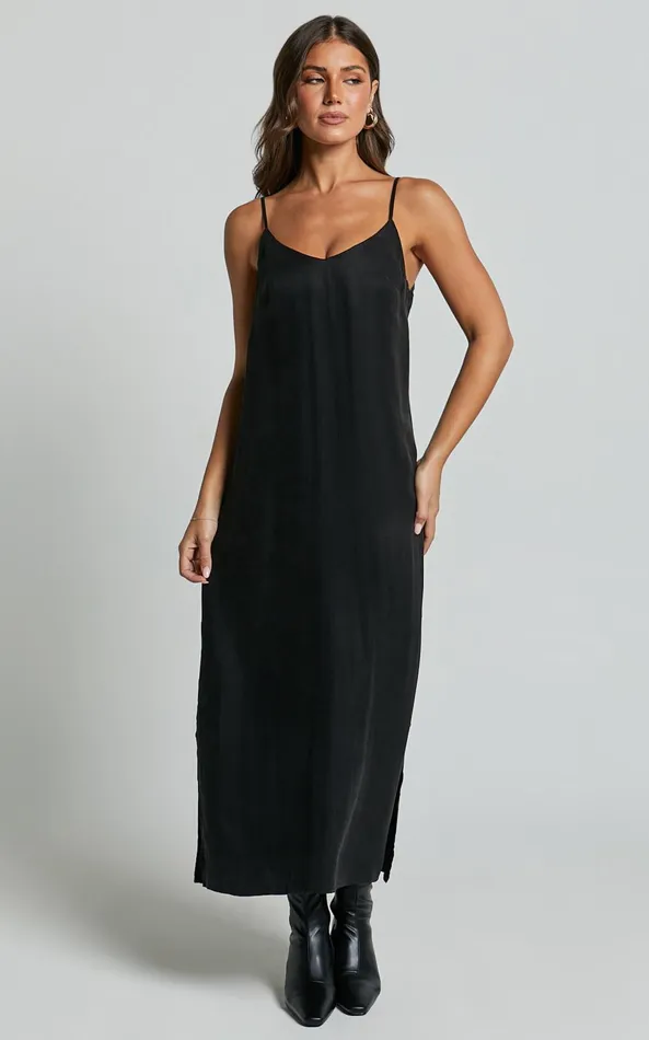 Showpo Kaeshia Midi Dress 8211 Strappy V Neck Cupro Slip Dress In Black Women Dresses