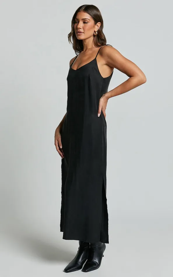 Showpo Kaeshia Midi Dress 8211 Strappy V Neck Cupro Slip Dress In Black Women Dresses