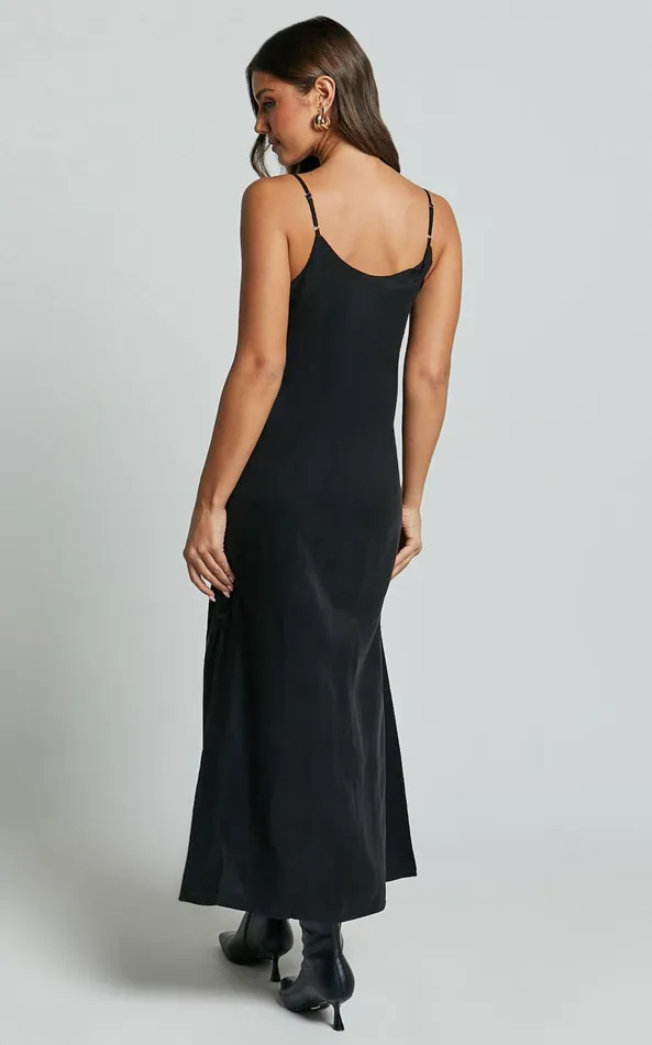 Showpo Kaeshia Midi Dress 8211 Strappy V Neck Cupro Slip Dress In Black Women Dresses