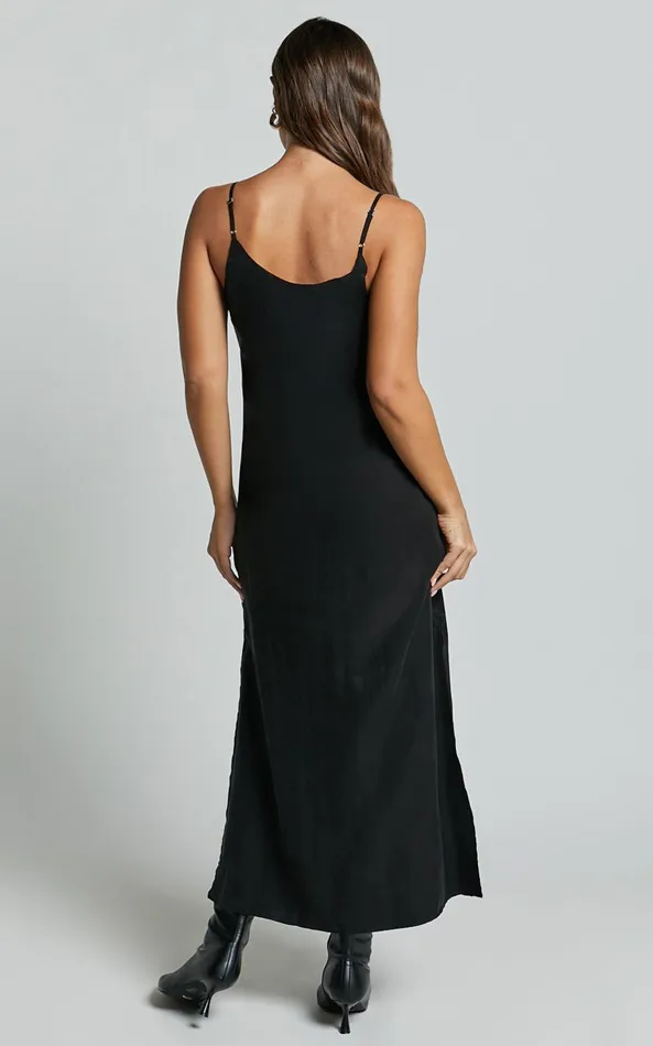 Showpo Kaeshia Midi Dress 8211 Strappy V Neck Cupro Slip Dress In Black Women Dresses