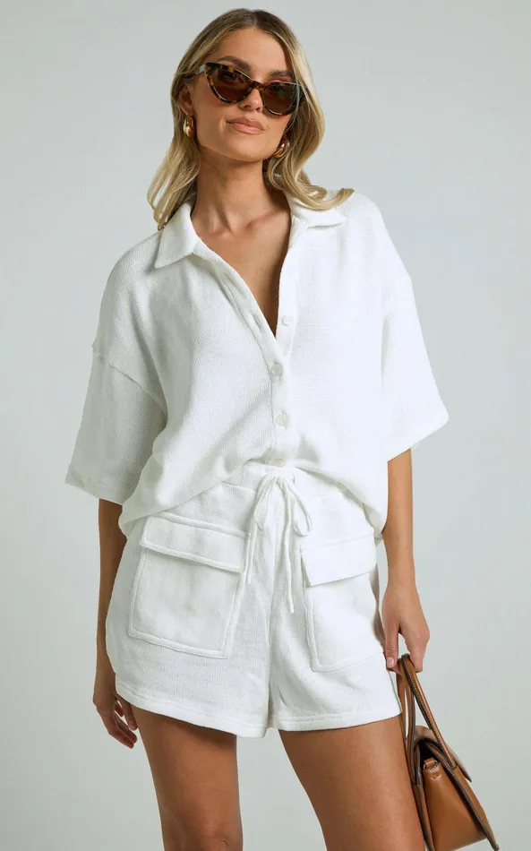 Showpo Kahlani Two Piece Set 8211 Collared Short Sleeve And High Waisted Shorts In White Women Curve Clothes Showpo Kahlani Two Piece Set 8211 Collared Short Sleeve And High Waisted Shorts In White Women Curve Clothes