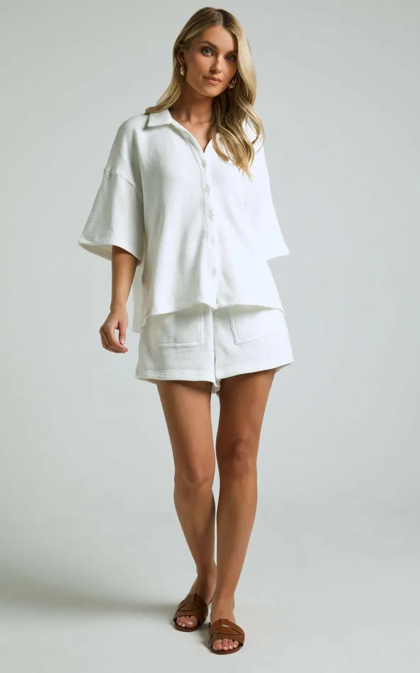 Showpo Kahlani Two Piece Set 8211 Collared Short Sleeve And High Waisted Shorts In White Women Curve Clothes