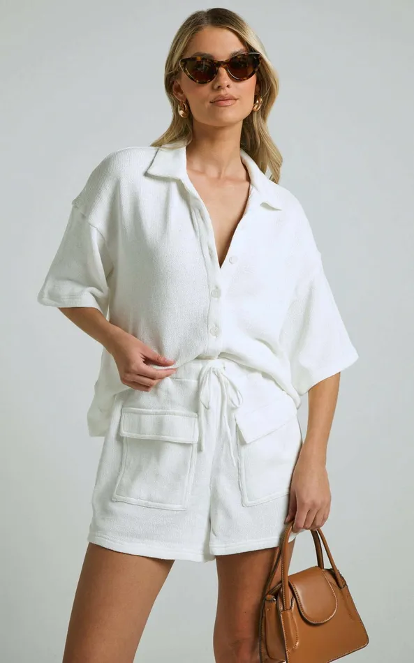 Showpo Kahlani Two Piece Set 8211 Collared Short Sleeve And High Waisted Shorts In White Women Curve Clothes