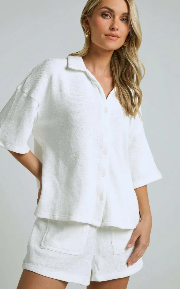 Showpo Kahlani Two Piece Set 8211 Collared Short Sleeve And High Waisted Shorts In White Women Curve Clothes