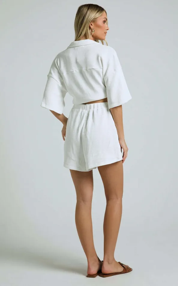 Showpo Kahlani Two Piece Set 8211 Collared Short Sleeve And High Waisted Shorts In White Women Curve Clothes