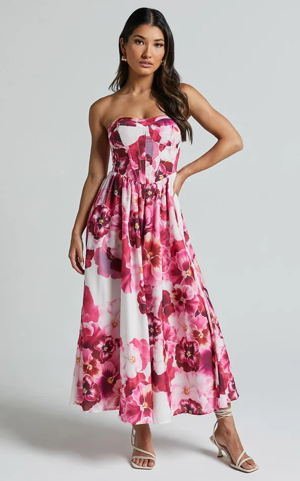 Showpo Kaiden Midi Dress 8211 Strapless Fit And Flare In Fiesta Floral Pink Women Dresses Showpo Kaiden Midi Dress 8211 Strapless Fit And Flare In Fiesta Floral Pink Women Dresses