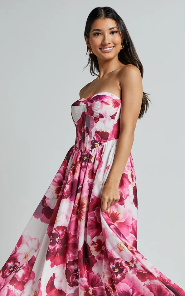 Showpo Kaiden Midi Dress 8211 Strapless Fit And Flare In Fiesta Floral Pink Women Dresses