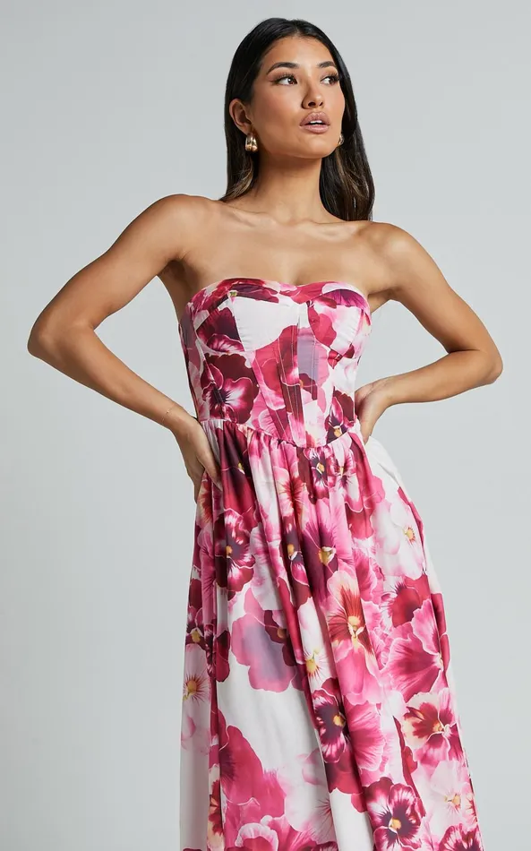 Showpo Kaiden Midi Dress 8211 Strapless Fit And Flare In Fiesta Floral Pink Women Dresses