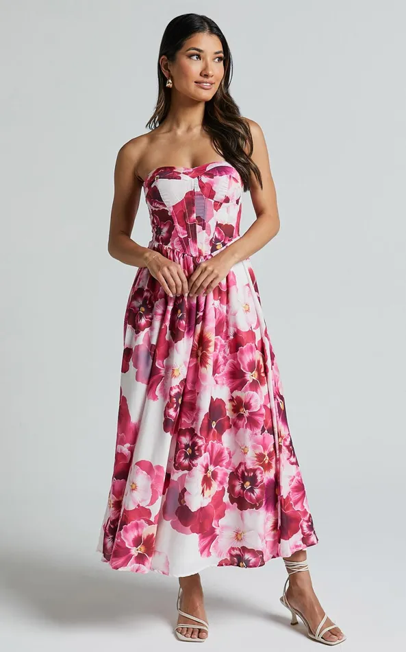 Showpo Kaiden Midi Dress 8211 Strapless Fit And Flare In Fiesta Floral Pink Women Dresses