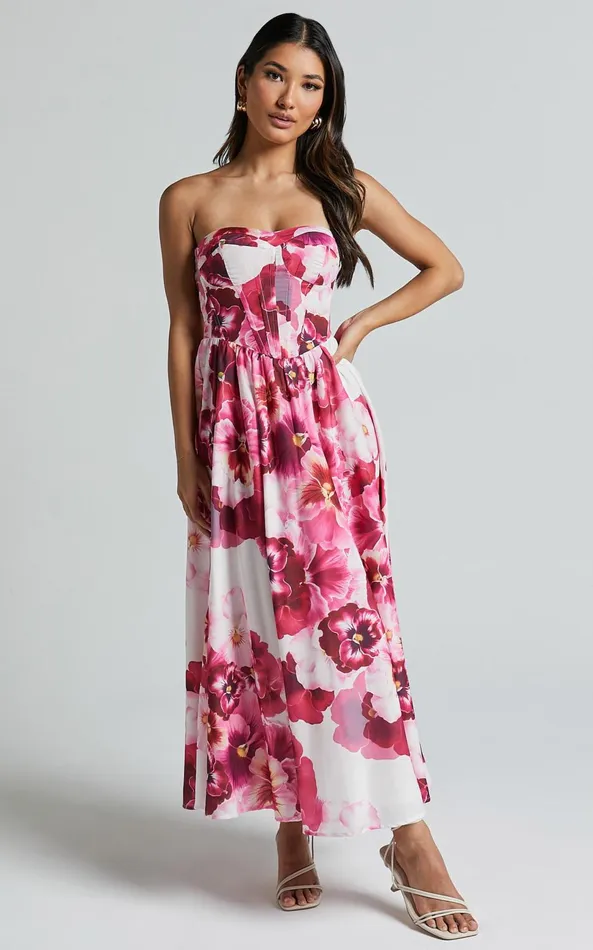 Showpo Kaiden Midi Dress 8211 Strapless Fit And Flare In Fiesta Floral Pink Women Dresses