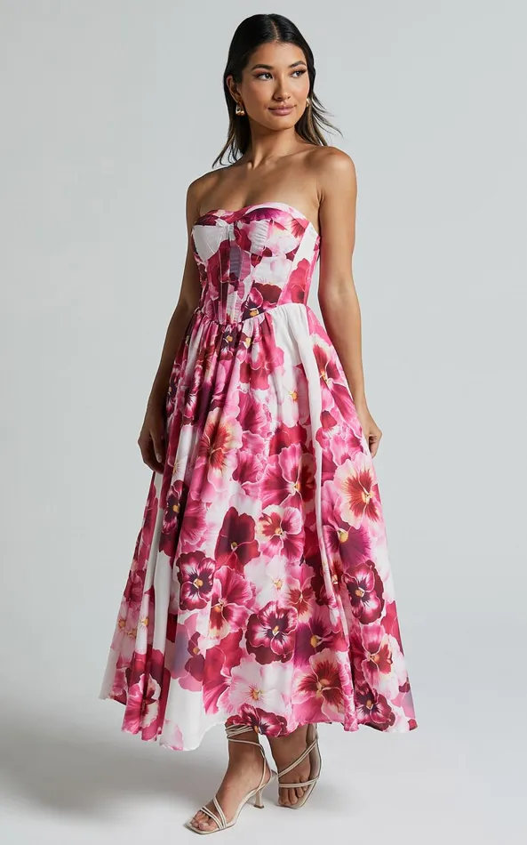 Showpo Kaiden Midi Dress 8211 Strapless Fit And Flare In Fiesta Floral Pink Women Dresses