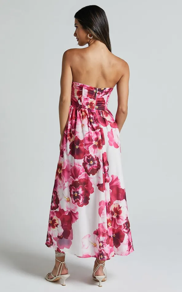 Showpo Kaiden Midi Dress 8211 Strapless Fit And Flare In Fiesta Floral Pink Women Dresses