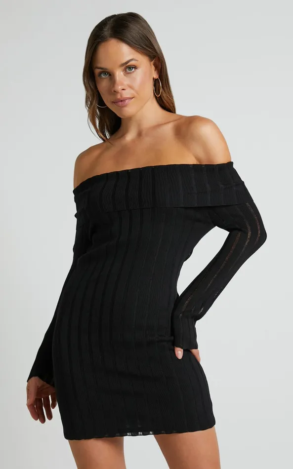 Showpo Kailah Off The Shoulder Knit Mini Dress In Black Women Dresses