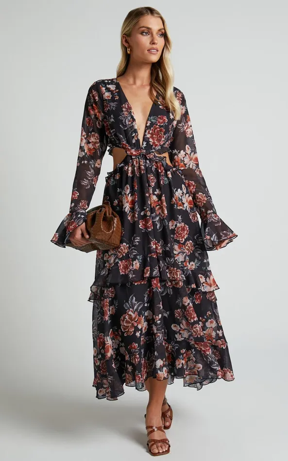 Showpo Kakai Midi Dress 8211 Plunge Front Long Sleeve Ruffled Dress In Black Floral Women Dresses Showpo Kakai Midi Dress 8211 Plunge Front Long Sleeve Ruffled Dress In Black Floral Women Dresses