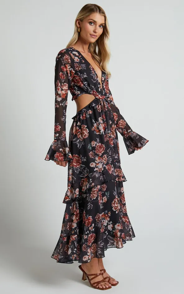 Showpo Kakai Midi Dress 8211 Plunge Front Long Sleeve Ruffled Dress In Black Floral Women Dresses Showpo Kakai Midi Dress 8211 Plunge Front Long Sleeve Ruffled Dress In Black Floral Women Dresses