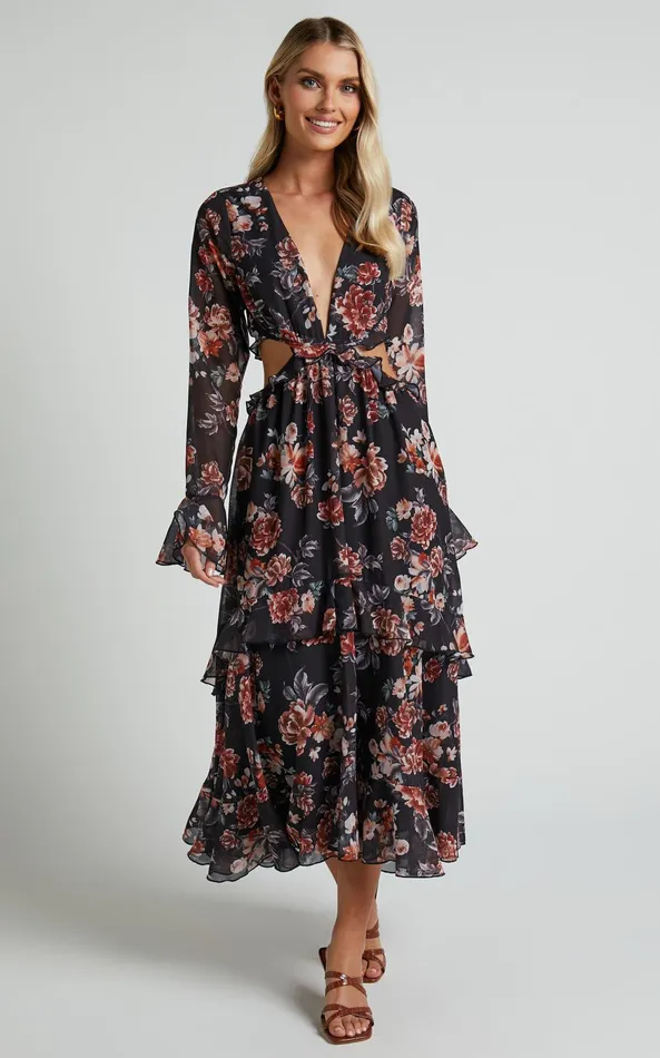 Showpo Kakai Midi Dress 8211 Plunge Front Long Sleeve Ruffled Dress In Black Floral Women Dresses Showpo Kakai Midi Dress 8211 Plunge Front Long Sleeve Ruffled Dress In Black Floral Women Dresses