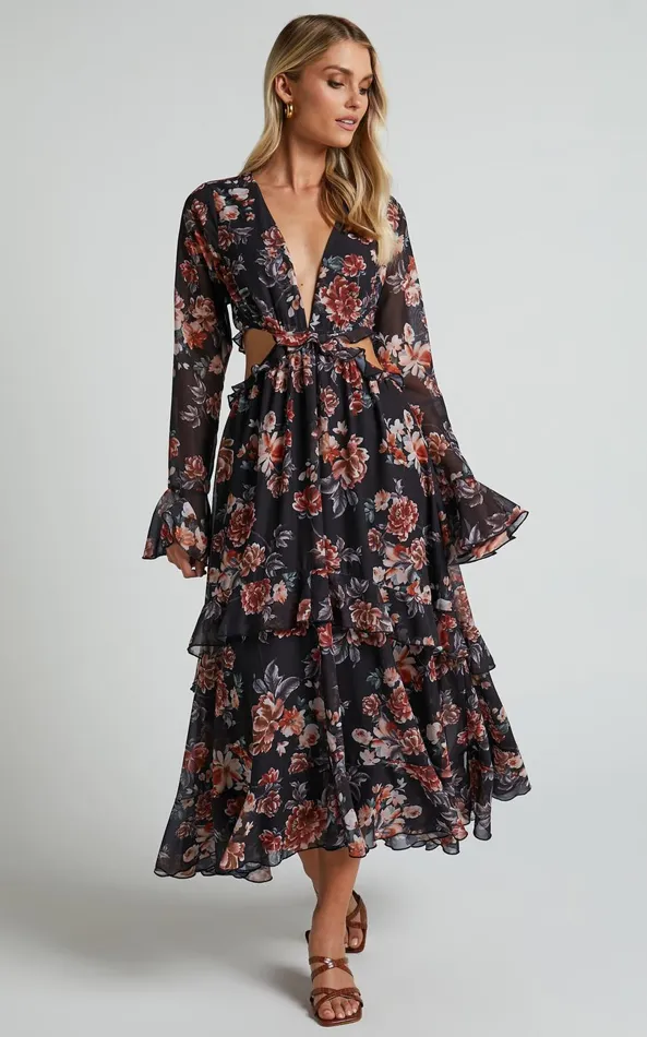 Showpo Kakai Midi Dress 8211 Plunge Front Long Sleeve Ruffled Dress In Black Floral Women Dresses Showpo Kakai Midi Dress 8211 Plunge Front Long Sleeve Ruffled Dress In Black Floral Women Dresses