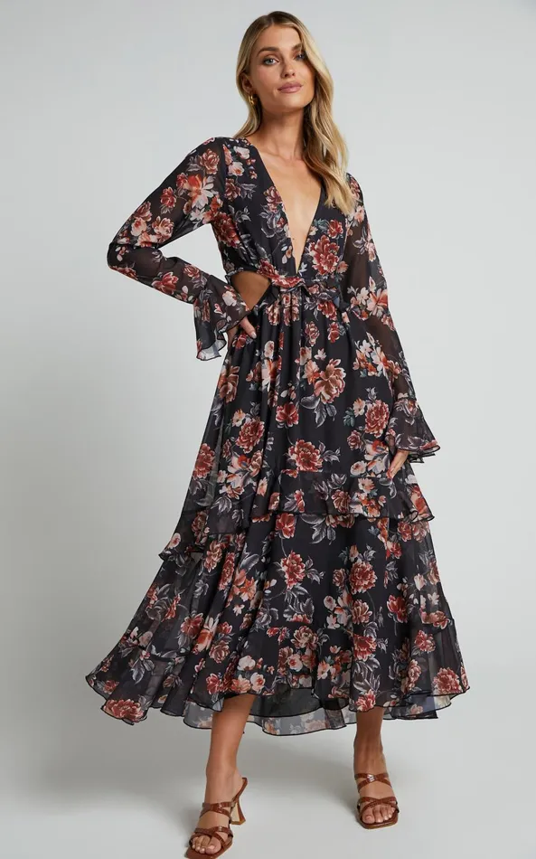 Showpo Kakai Midi Dress 8211 Plunge Front Long Sleeve Ruffled Dress In Black Floral Women Dresses Showpo Kakai Midi Dress 8211 Plunge Front Long Sleeve Ruffled Dress In Black Floral Women Dresses