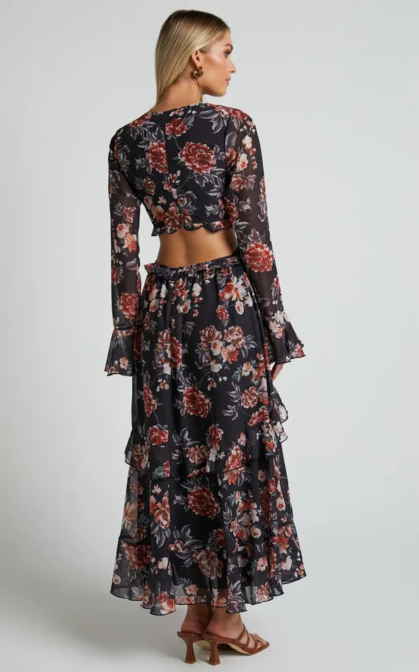 Showpo Kakai Midi Dress 8211 Plunge Front Long Sleeve Ruffled Dress In Black Floral Women Dresses Showpo Kakai Midi Dress 8211 Plunge Front Long Sleeve Ruffled Dress In Black Floral Women Dresses