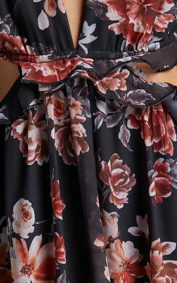 Showpo Kakai Midi Dress 8211 Plunge Front Long Sleeve Ruffled Dress In Black Floral Women Dresses Showpo Kakai Midi Dress 8211 Plunge Front Long Sleeve Ruffled Dress In Black Floral Women Dresses