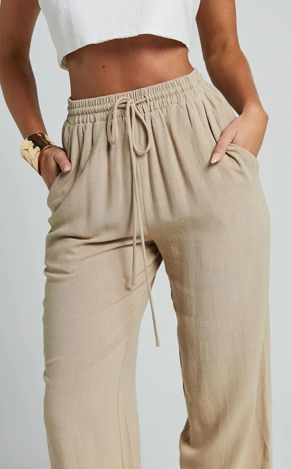 Showpo Kala Pants 8211 Mid Waisted Relaxed Elastic Waist Pants In Sand Women Curve Clothes