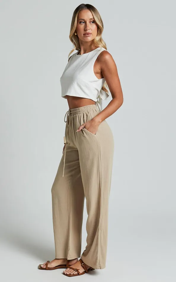 Showpo Kala Pants 8211 Mid Waisted Relaxed Elastic Waist Pants In Sand Women Curve Clothes