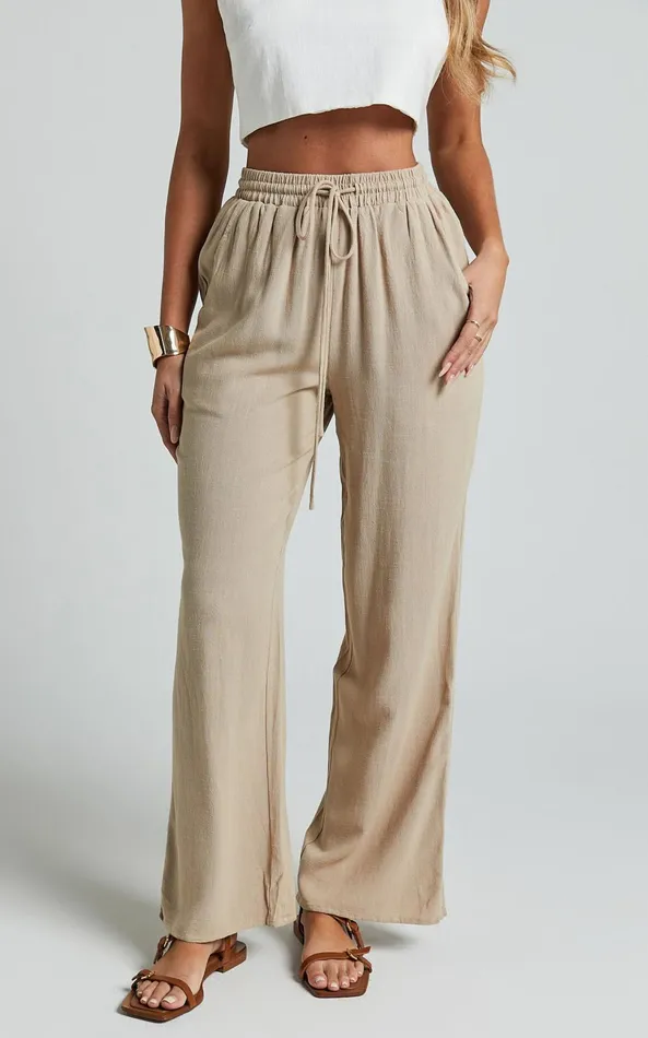 Showpo Kala Pants 8211 Mid Waisted Relaxed Elastic Waist Pants In Sand Women Curve Clothes