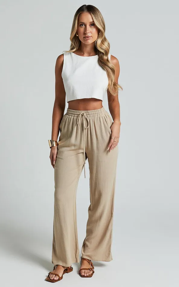 Showpo Kala Pants 8211 Mid Waisted Relaxed Elastic Waist Pants In Sand Women Curve Clothes