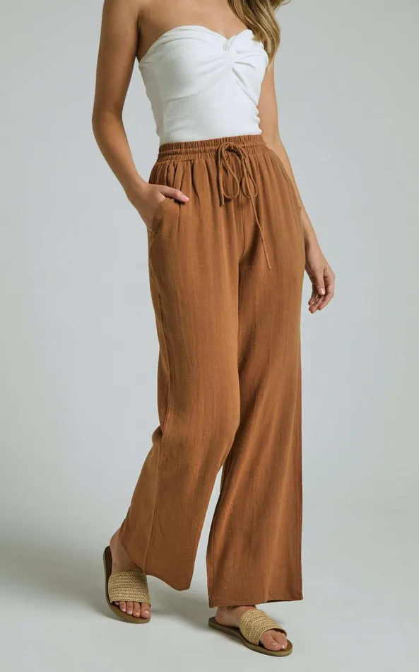 Showpo Kala Pants 8211 Mid Waisted Relaxed Elastic Waist Pants In Tobacco Women Curve Clothes