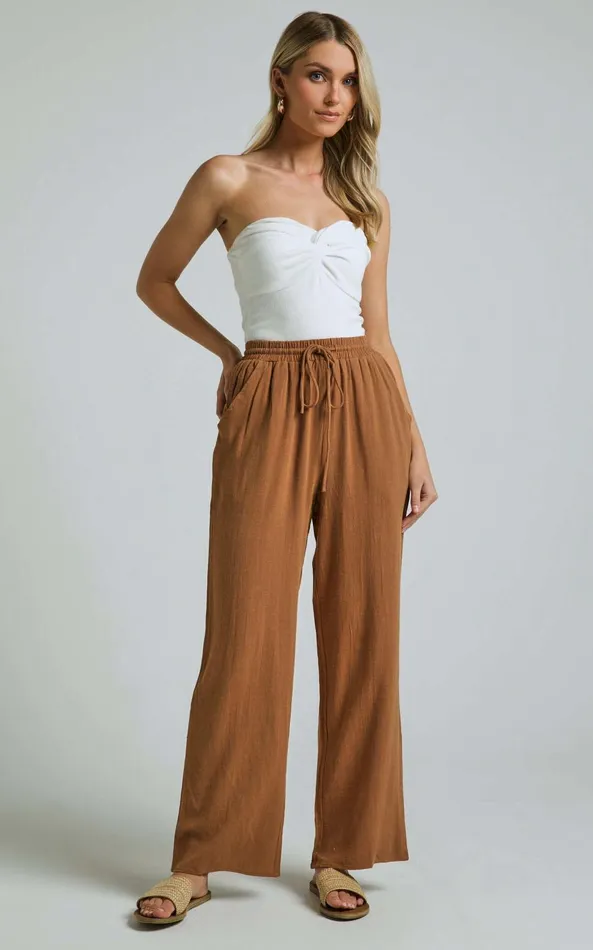 Showpo Kala Pants 8211 Mid Waisted Relaxed Elastic Waist Pants In Tobacco Women Curve Clothes