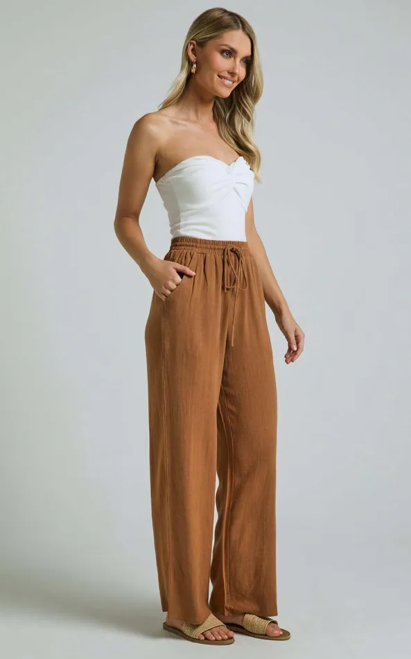 Showpo Kala Pants 8211 Mid Waisted Relaxed Elastic Waist Pants In Tobacco Women Curve Clothes