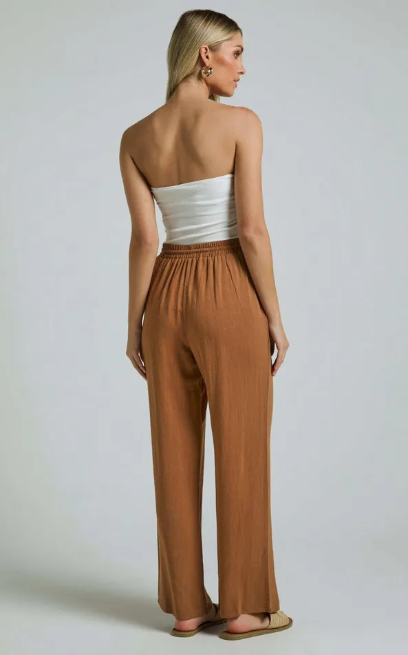 Showpo Kala Pants 8211 Mid Waisted Relaxed Elastic Waist Pants In Tobacco Women Curve Clothes