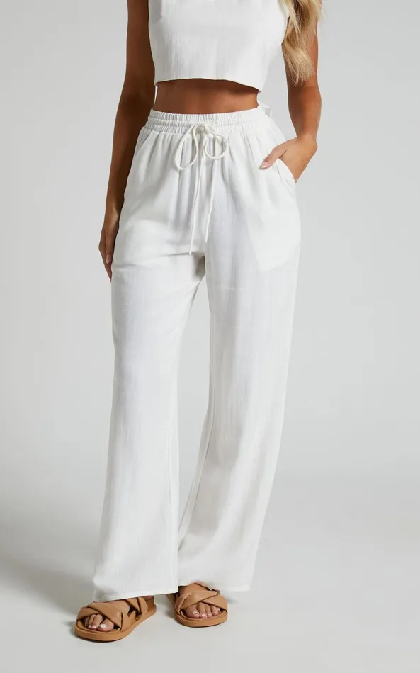 Showpo Kala Pants 8211 Mid Waisted Relaxed Elastic Waist Pants In White Women Curve Clothes